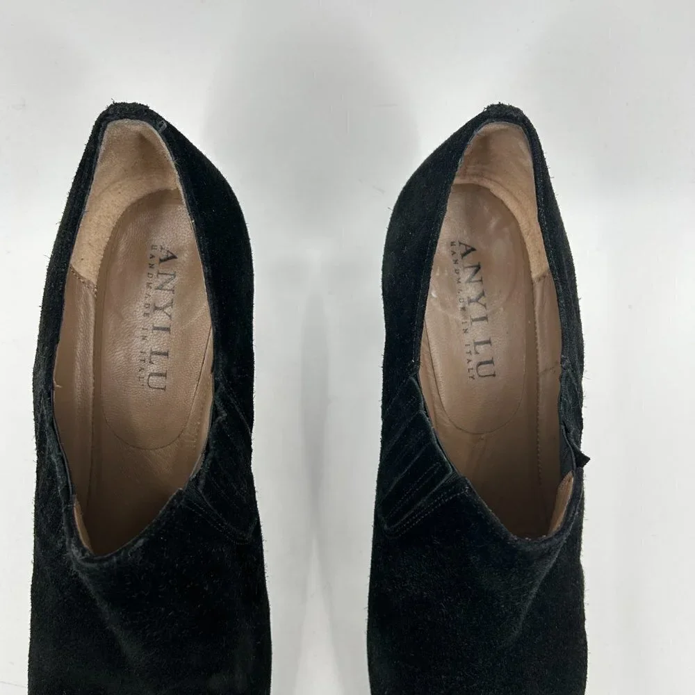 ANYI LU Handmade In Italy Black Natalie Suede Block Heel Ankle Bootie Shoes 8.5